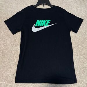 Nike Black T-Shirt with Green Logo and Silver Swoosh Boys Medium